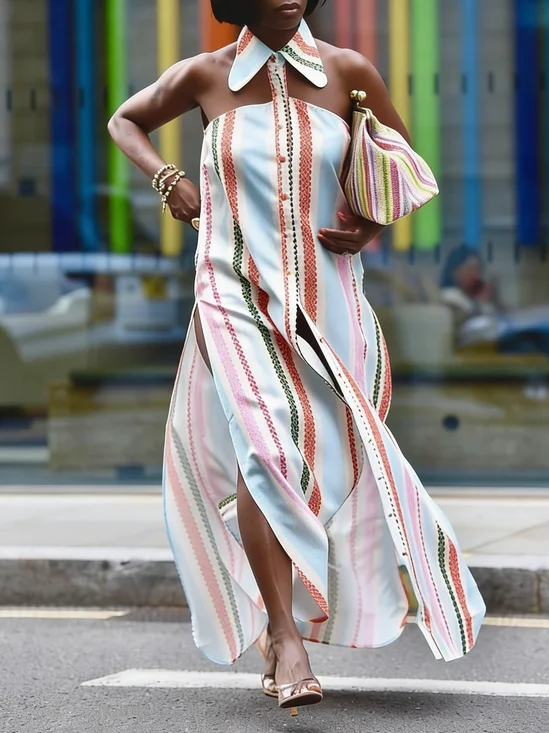Urban Striped Printing Slit Shirt Collar Maxi Dress