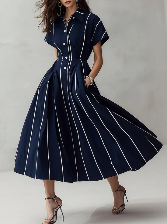 Urban Striped Printing Shirt Collar Midi Dress