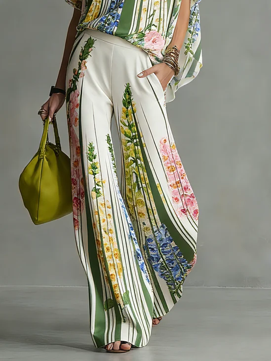 Vacation Abstract Stripes Printing Wide Leg Pants