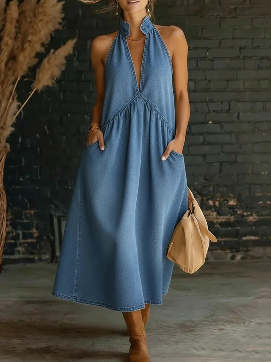 Casual Plain V Neck Denim Midi Dress