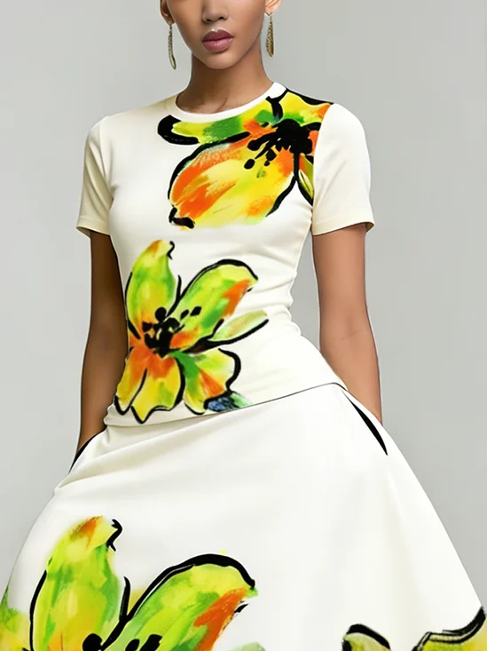 Elegant Floral Printing Crew Neck T-shirt