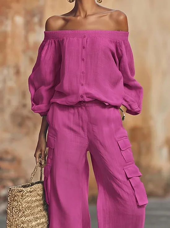 Cotton And Linen Casual Plain Cold Shoulder Blouse