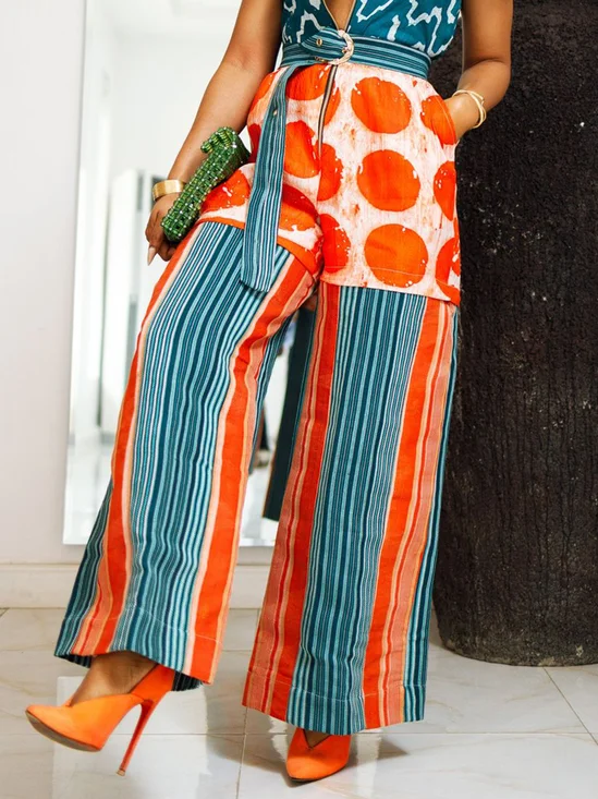 Casual Striped Printing Straight Pants Belt