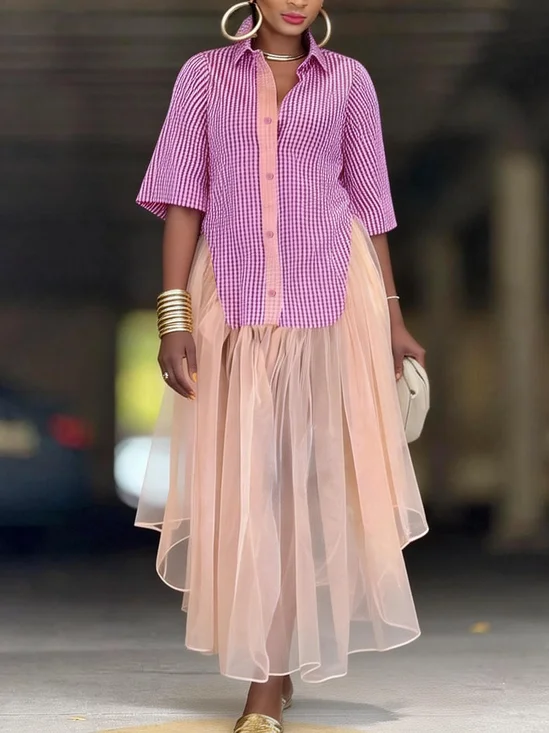 Urban Color Block Shirt Collar Maxi Dress