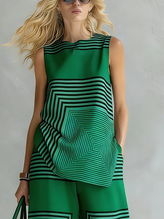 Casual Striped Printing Crew Neck Tank Top