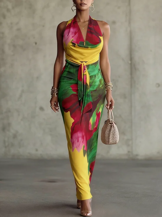 Elegant Floral Printing V Neck Maxi Dress