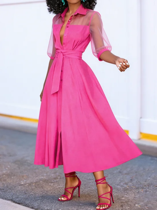 Elegant Plain Shirt Collar Maxi Dress With Belt