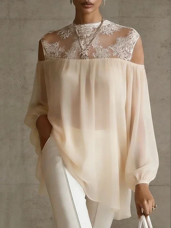 Elegant Lace Patchwork Crew Neck Blouse