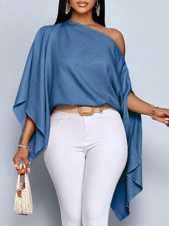 Elegant Plain One Shoulder Faux Denim Top
