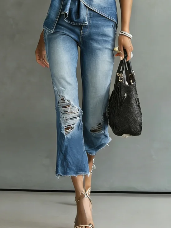 Ripped Denim Plain Casual Jeans