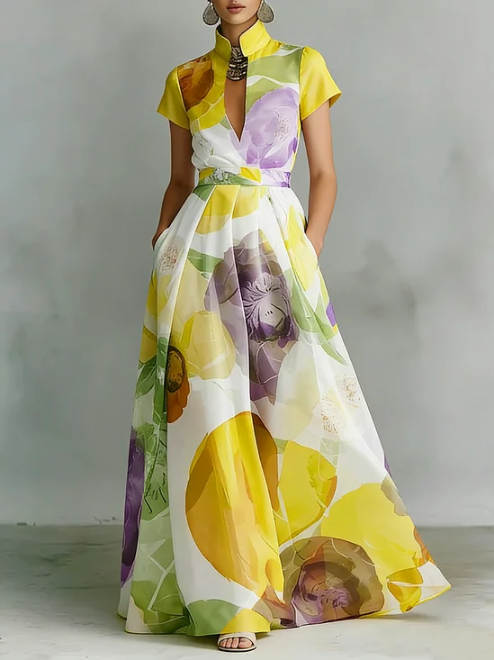 Vacation Floral Printing Stand Collar Maxi Dress