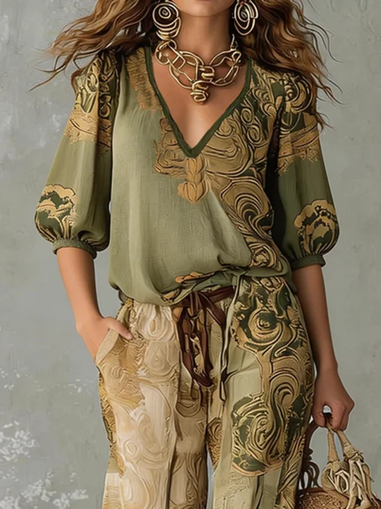 Vacation Ethnic Printing V Neck Puff Sleeve Blouse