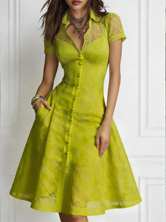 Elegant Plain Buttoned Shawl Collar Midi Dress