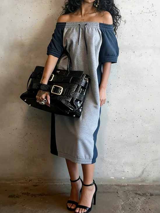 Casual Color Block Cold Shoulder Midi Dress
