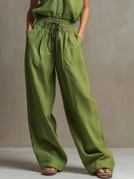 Cotton Casual Plain Pockets Wide Leg Pants