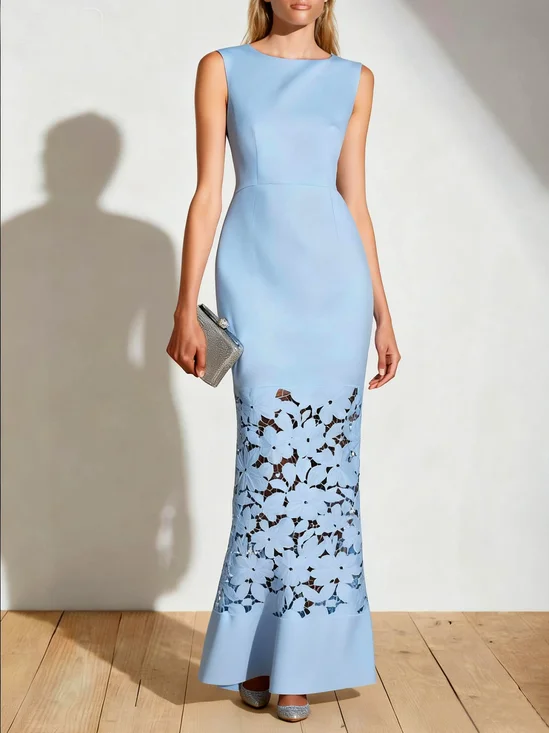 Elegant Plain Lace Crew Neck Maxi Dress