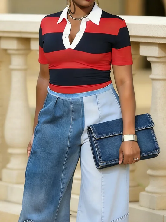 Urban Striped Shirt Collar T-shirt