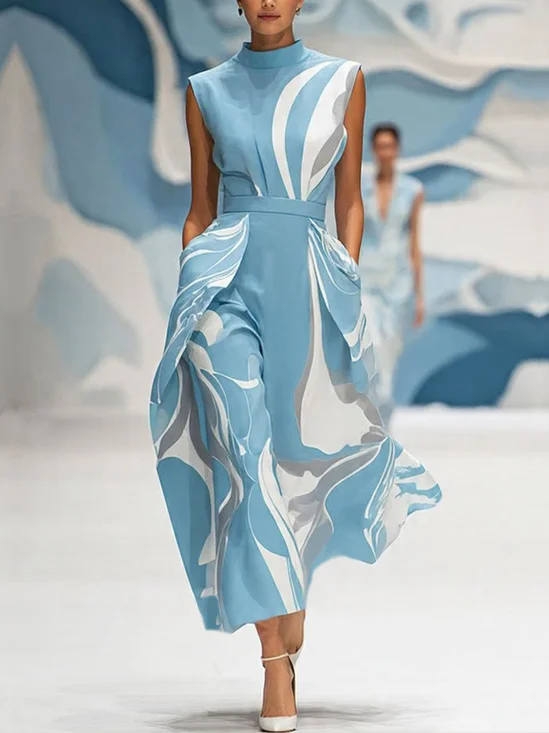 Elegant Abstract Printing Stand Collar Midi Dress