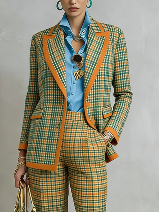 Plus Size Urban Printing Plaid Lapel Collar Blazer