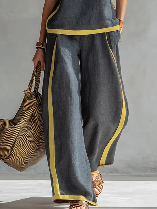 Cotton And Linen Casual Color Block Wide Leg Pants