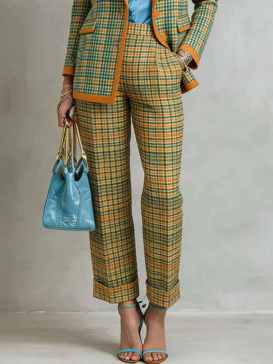 Plus Size Urban Plaid Printing Straight Pants