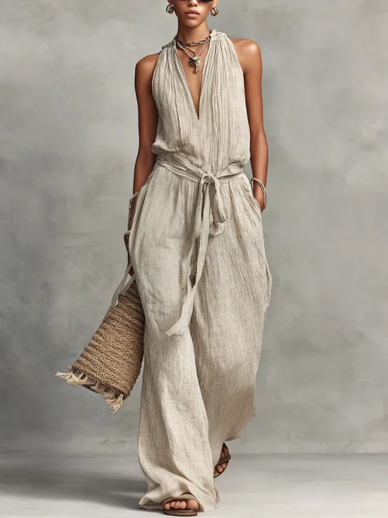 Cotton And Linen Casual Plain V Neck Jumpsuit With Belt