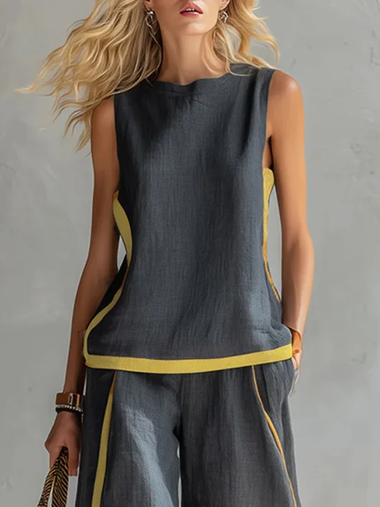 Cotton And Linen Casual Color Block Crew Neck Tank Top