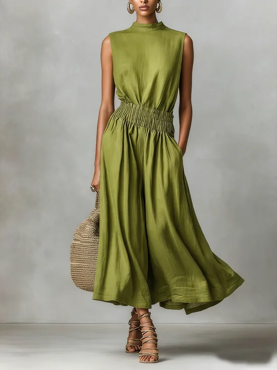 Cotton And Linen Urban Plain Scramble Stand Collar Midi Dress