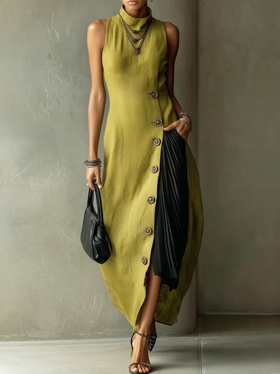 Cotton And Linen Casual Plain Slit Stand Collar Blouse