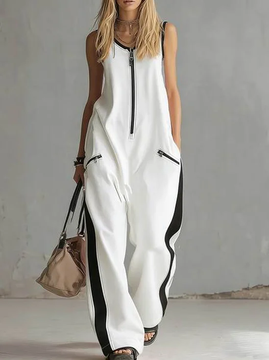 Casual Color Block Crew Neck Tank Jumpsuit