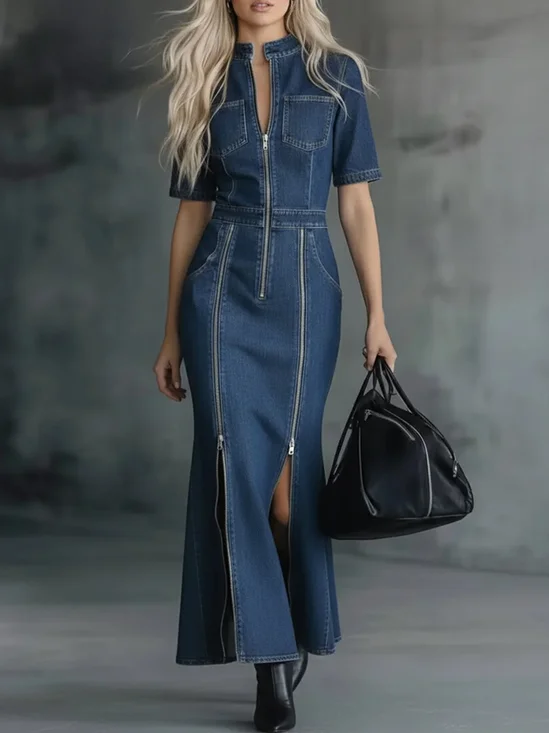 Denim Casual Plain Zipper Stand Collar Maxi Dress