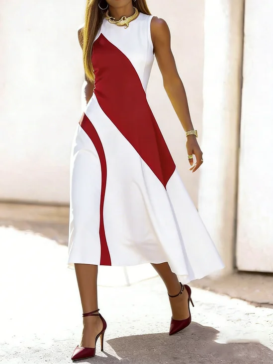 Elegant Color Block Crew Neck Midi Dress