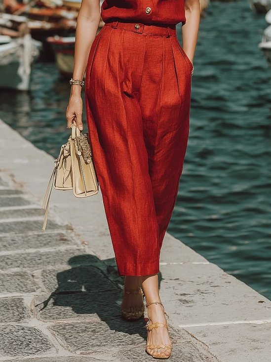 Cotton And Linen Casual Plain Straight Pants