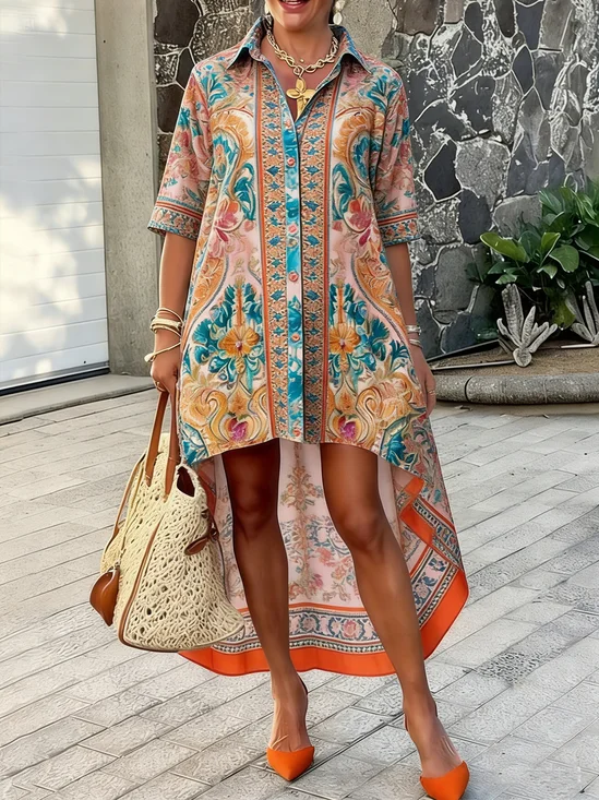 Vacation Paisley  Printing Shirt Collar Irregular Craftsmanship Dress