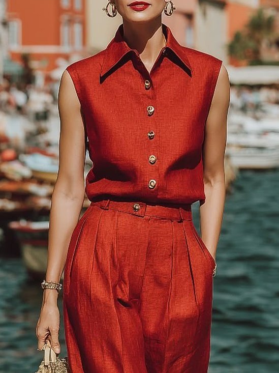 Cotton And Linen Casual Plain Shirt Collar Shirt