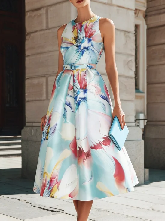 Elegant Floral Printing Crew Neck Midi Dress With Belt