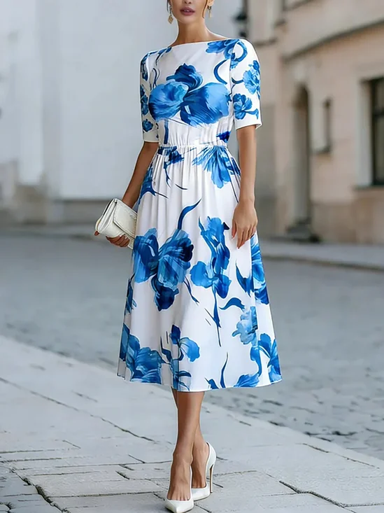 Elegant Floral Printing Boat Neck Midi Dress