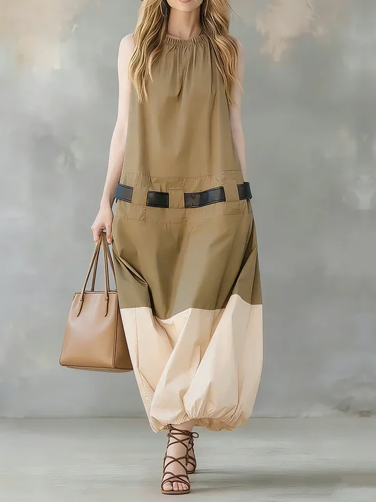 Casual Color Block Crew Neck Maxi Dress