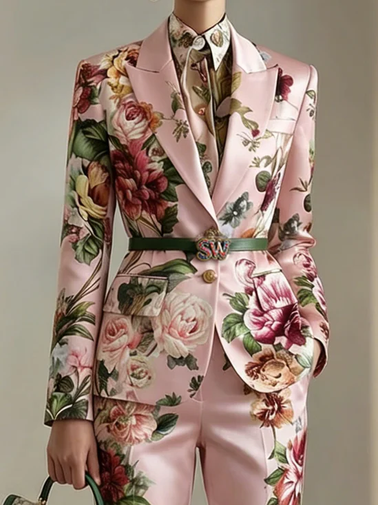 Urban Shoulder Pad Floral Lapel Collar Blazer