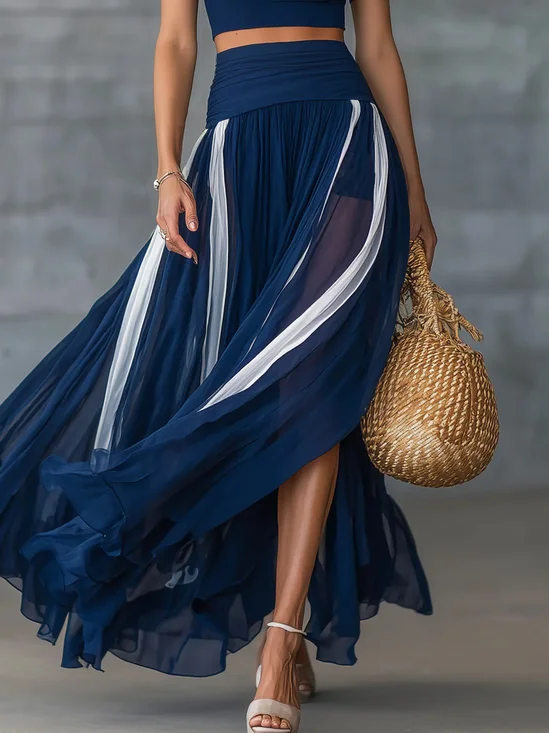 Elegant Pleated Color Block Maxi Skirt