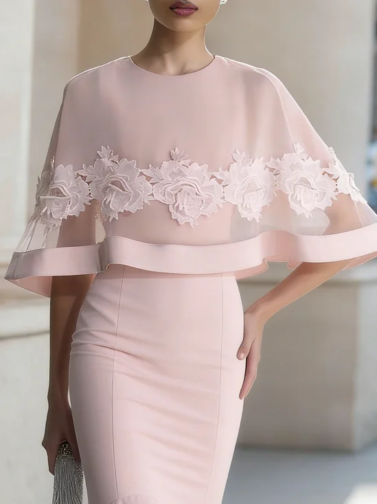 Elegant 3D Floral Plain Crew Neck Kimono