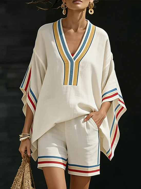 Casual Striped Printing V Neck Raglan Sleeves Blouse