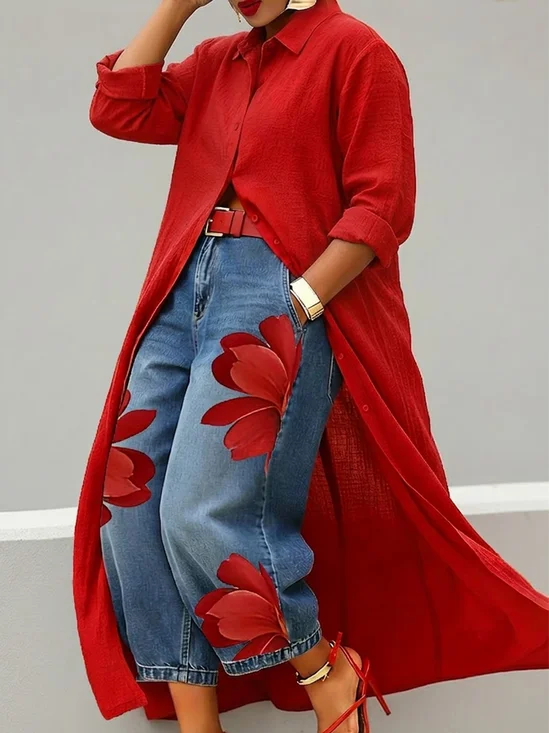 Casual Cotton Shirt Collar Blouse Loose Long Sleeve Daily Top