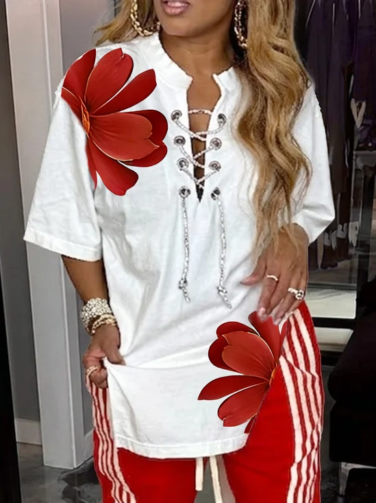 Casual Floral Buttoned Notched T-shirt