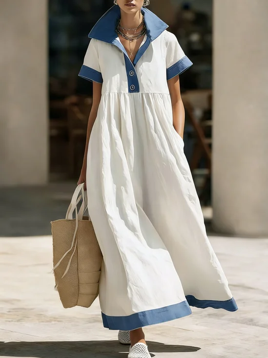 Vacation Color Block Shirt Collar Maxi Dress