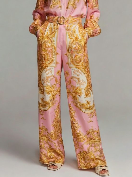 Elegant Geometric Printing Straight Pants Belt