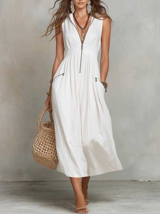 Urban Plain Zipper Shawl Collar Midi Dress