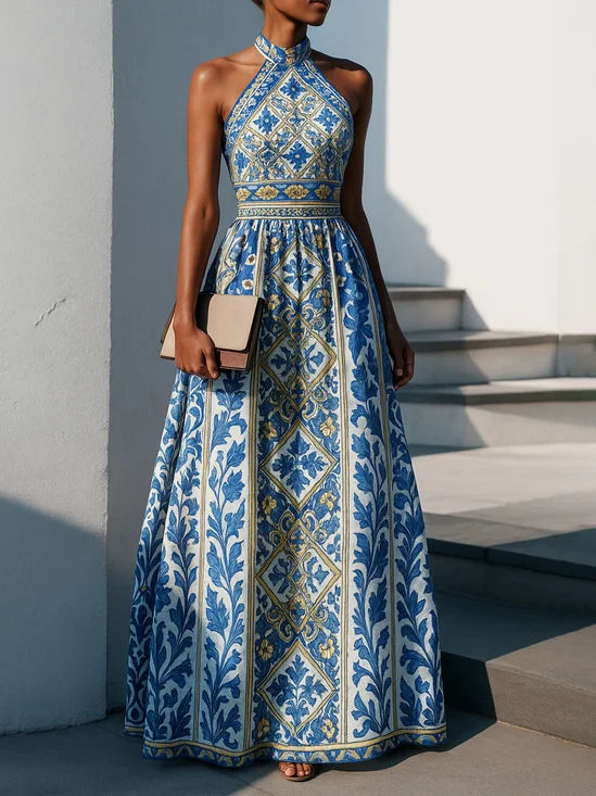 Vacation Ethnic Printing Halter Maxi Dress