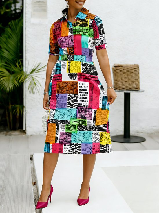 Vacation Random Print Printing Lapel Collar Midi Dress