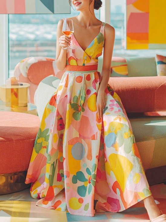 Elegant Floral Printing V Neck Maxi Dress